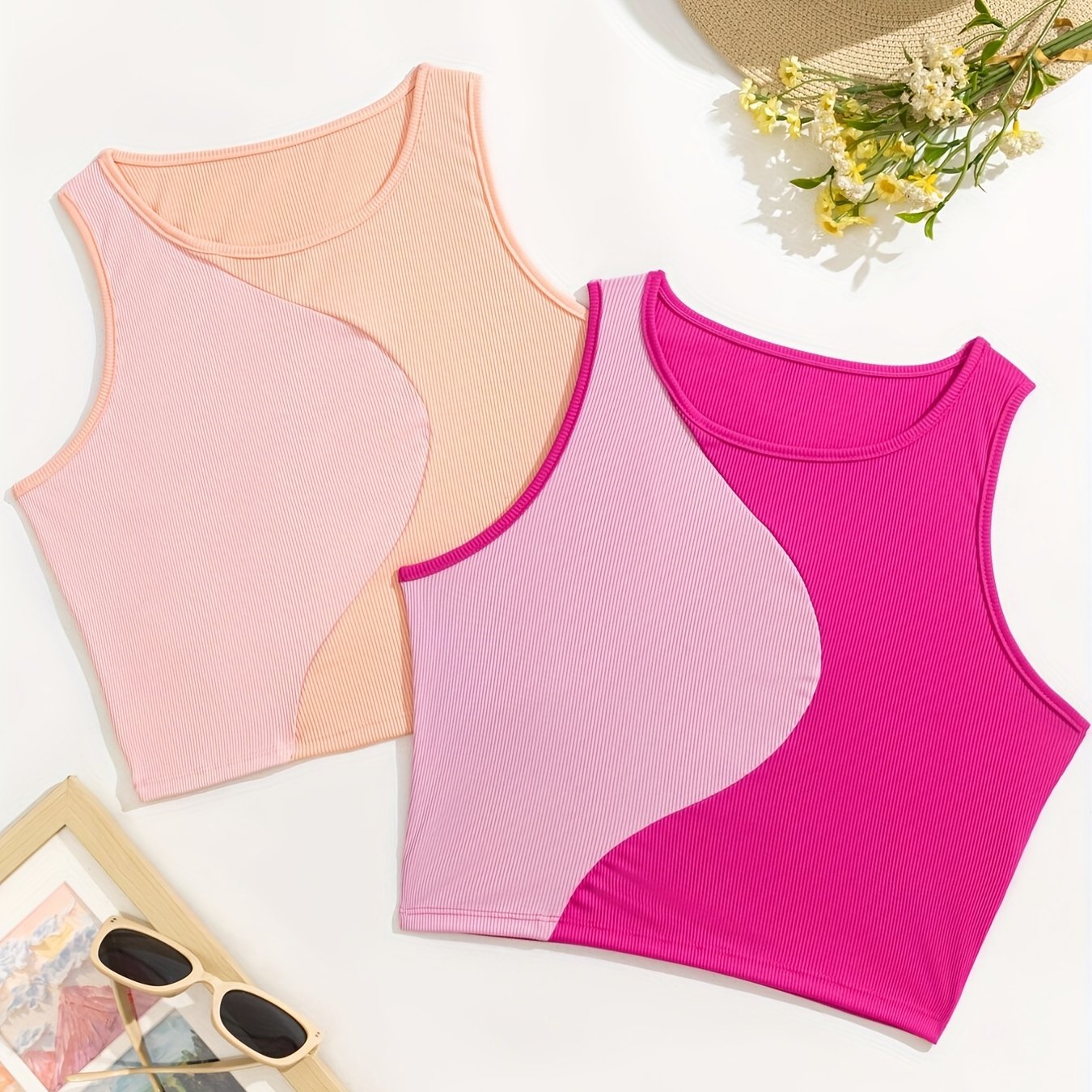 Colorblock Tank Tops Crew Neck Sleeveless Lingerie Set