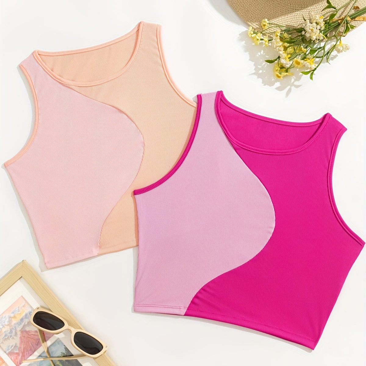 Colorblock Tank Tops Crew Neck Sleeveless Lingerie Set