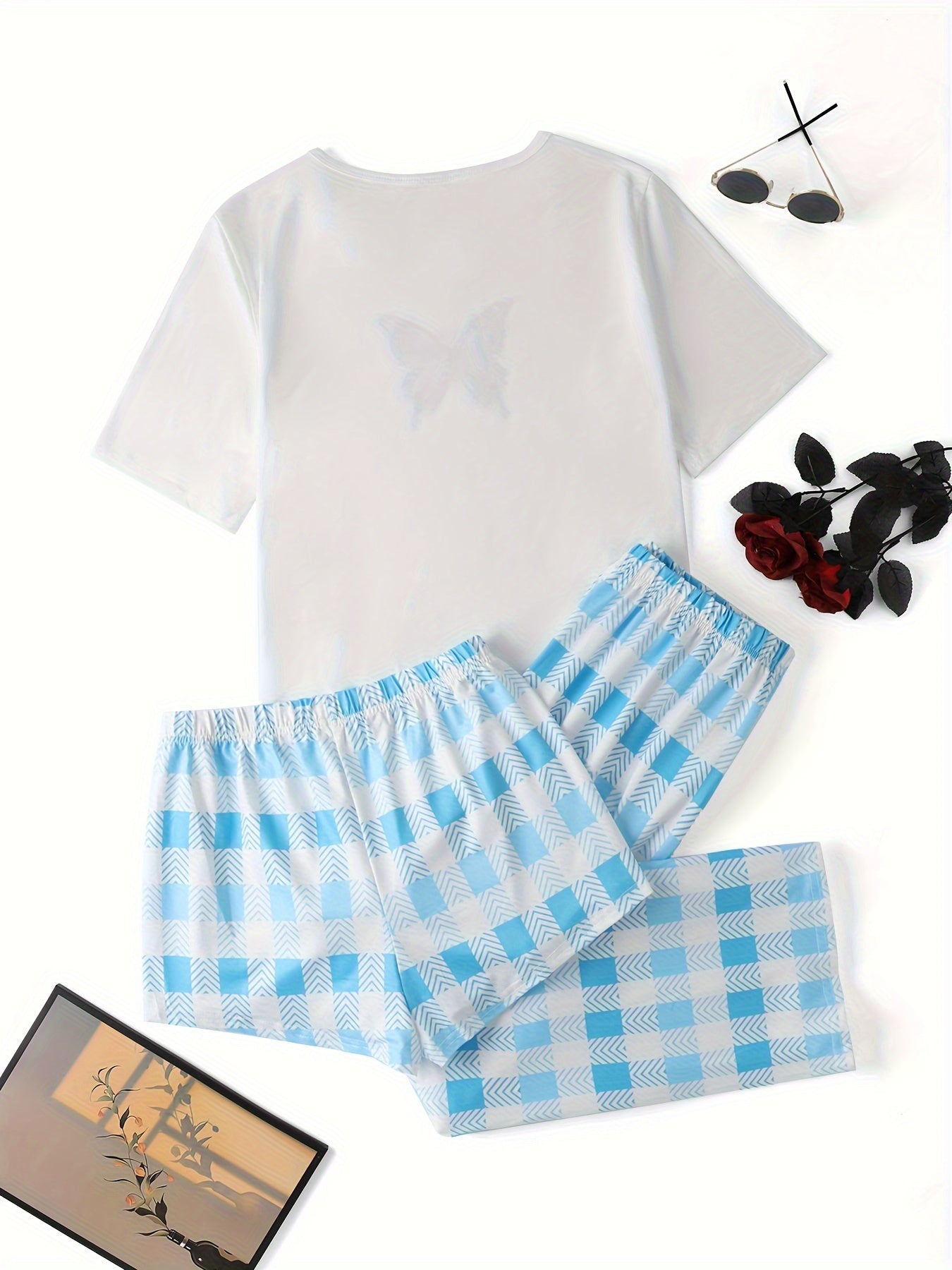  Butterfly Print Tee & Plaid Shorts Set