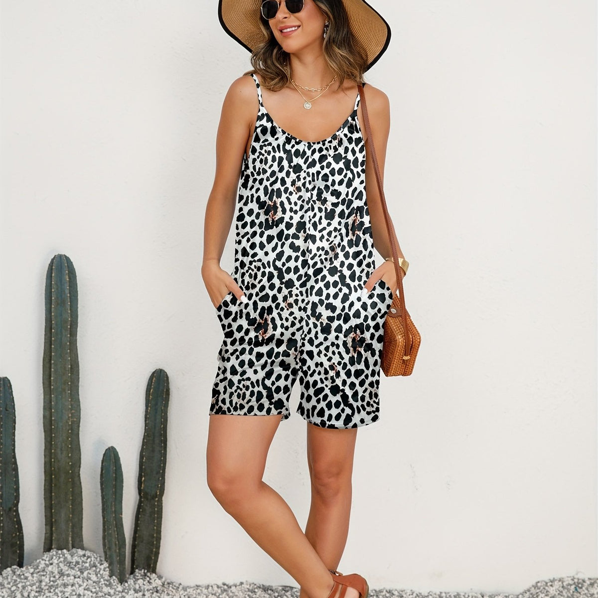 Dalmatian Print Strap Romper Jumpsuit Sleeveless Dual Pockets Women's Clothing