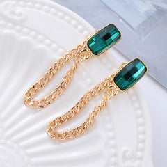 Emerald Glass Chain Stud Earrings Retro Style 18K Plated Jewelry