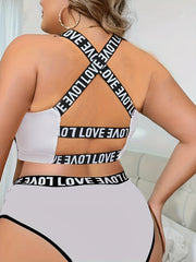  Sports Bra Women's Plus Contrast Letter Tape Criss Cross Back