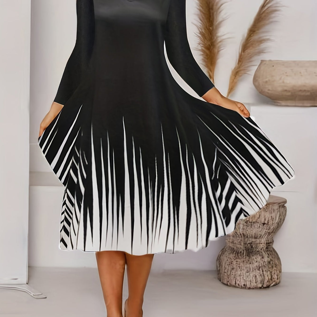  Women Casual Striped Print Long Sleeve V Neck Dress