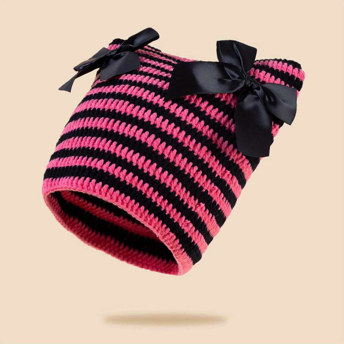 Y2K Striped Cat Ear Beanie Bow Knit Hat Hip Hop Elastic Skull Cap