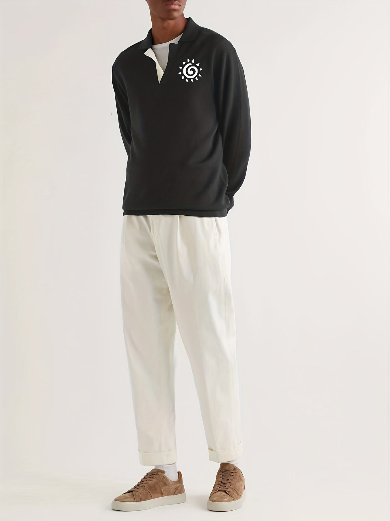 Sun Pattern Knit Polo Shirt Men's Casual Lapel Middle Stretch