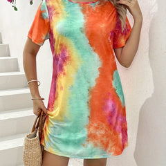  Casual Tee Dress Women's Plus Tie Dye Short Sleeve Round Neck Dress