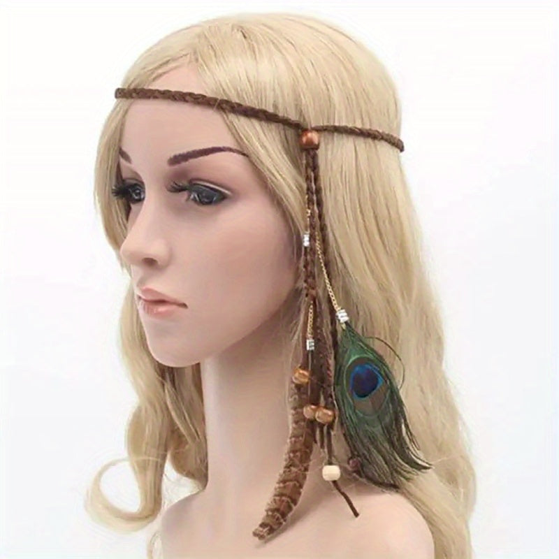 Boho Peacock Feather Headband Hair Rope