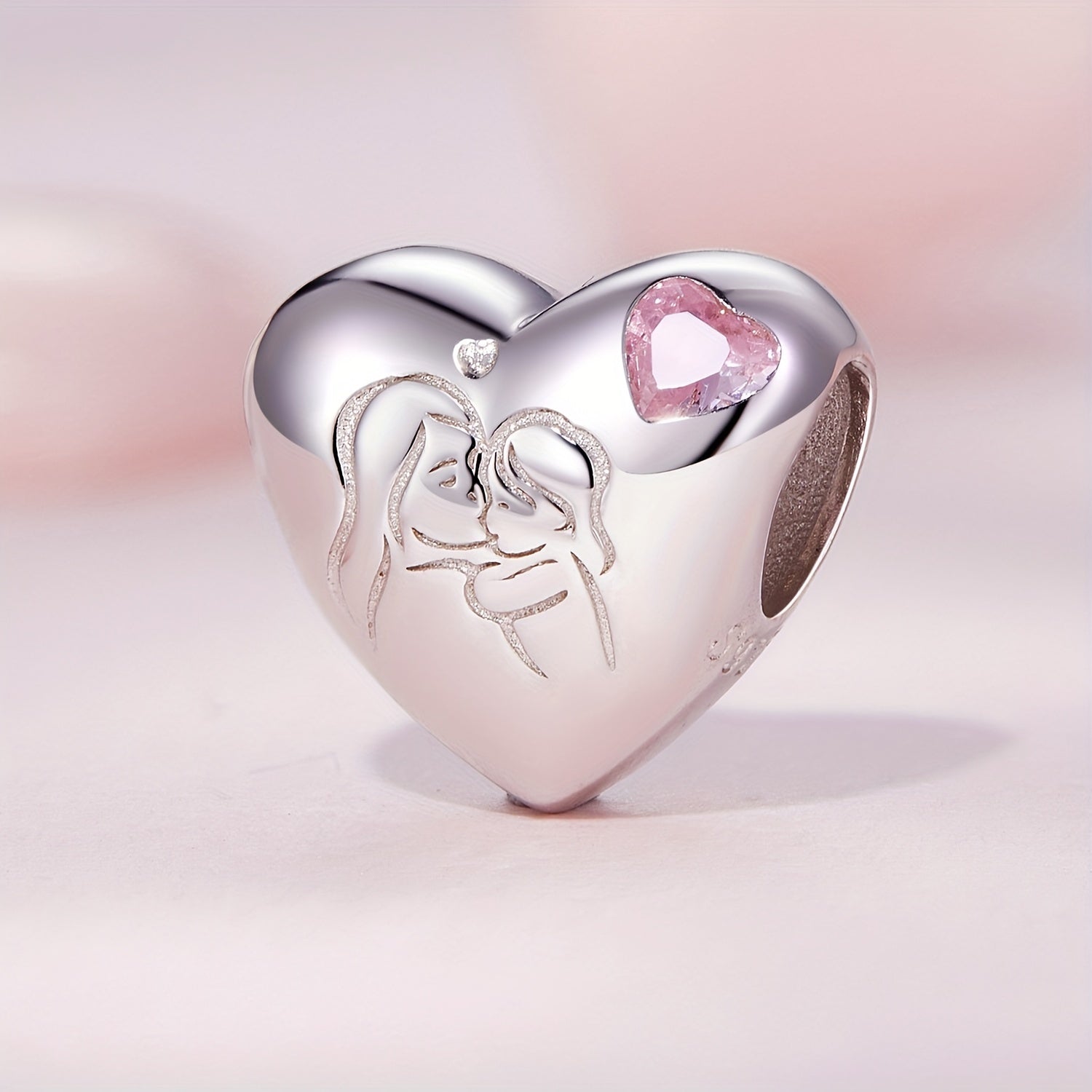 925 Silver Mother Daughter Kissing Pink Heart Bracelet Charm