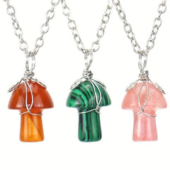 DIY Gemstone Quartz Mushroom Pendant Necklace with Stainless Steel Chain