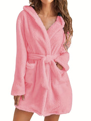  Long Sleeve Hooded Fleece Bathrobe With Pockets