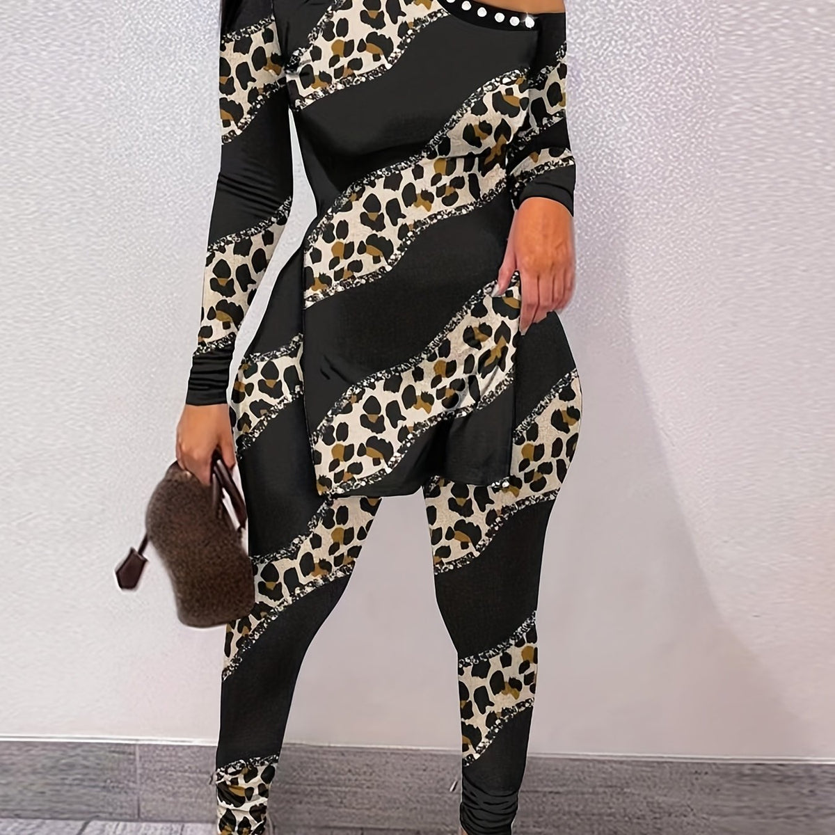 Leopard Patchwork Print Two-piece Set Cold Shoulder Split T-shirt & Casual Pants