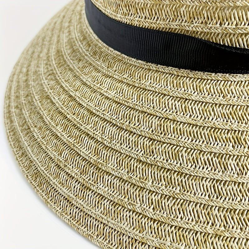 Sun Embroidery Straw Hat Ribbon Bowknot Drawstring Adjustable