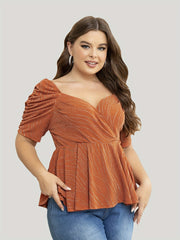  Casual Top Shinny Striped Lantern Sleeve Surplice Neck Stretch Peplum