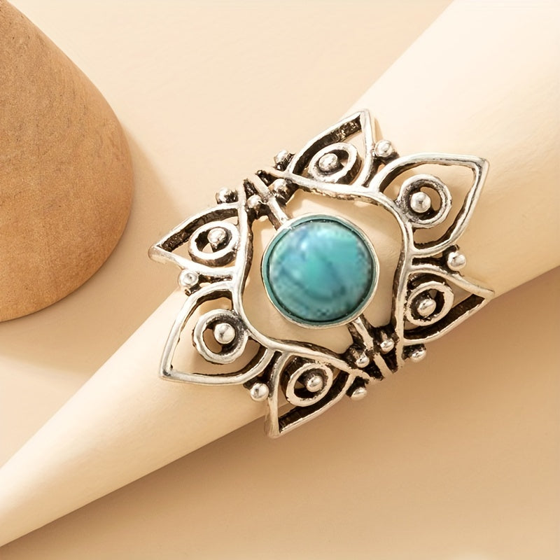 Geometric Turquoise Single Ring Vintage Carved Hollow Ring