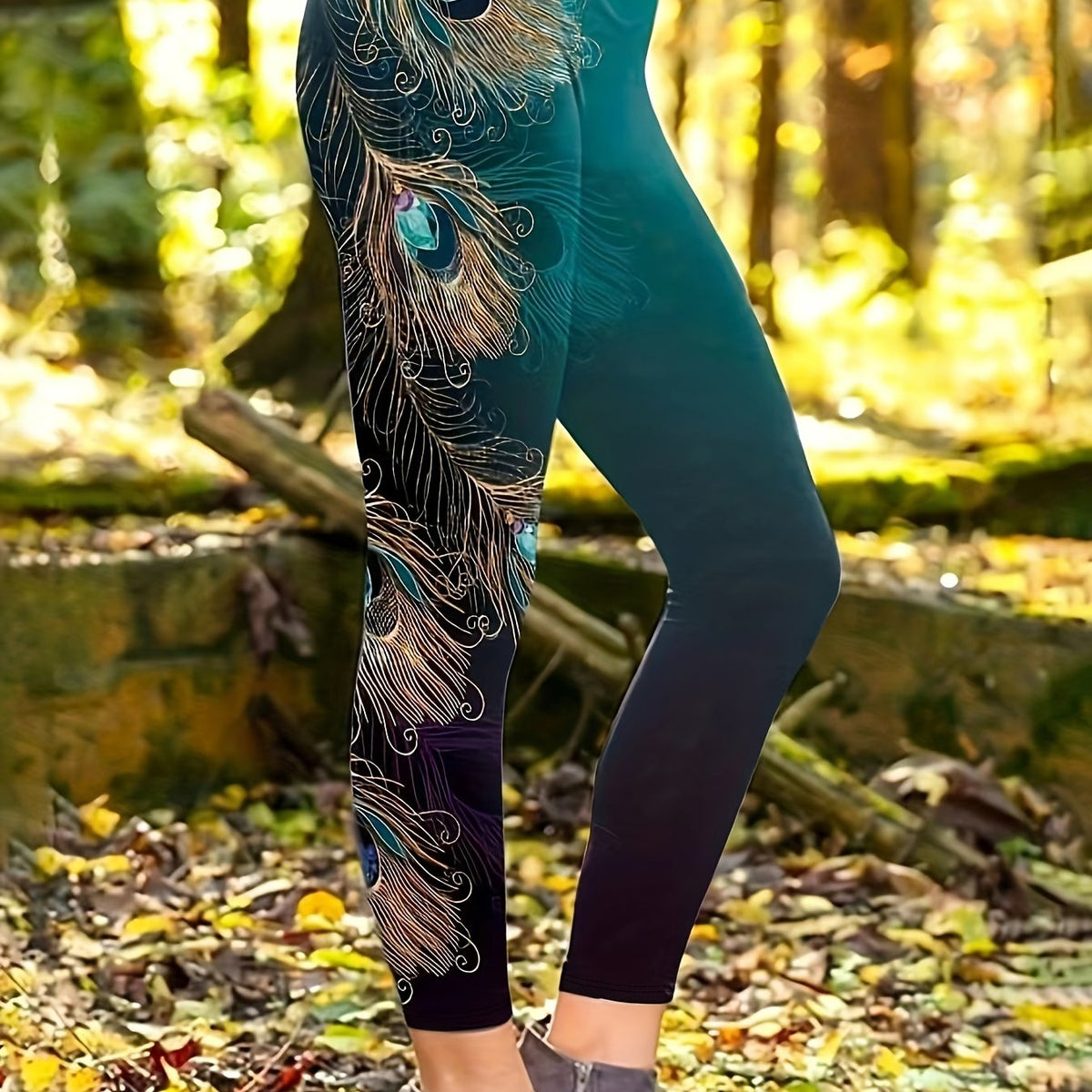  Ombre & Feather Print Med Stretch Leggings