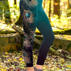  Ombre & Feather Print Med Stretch Leggings