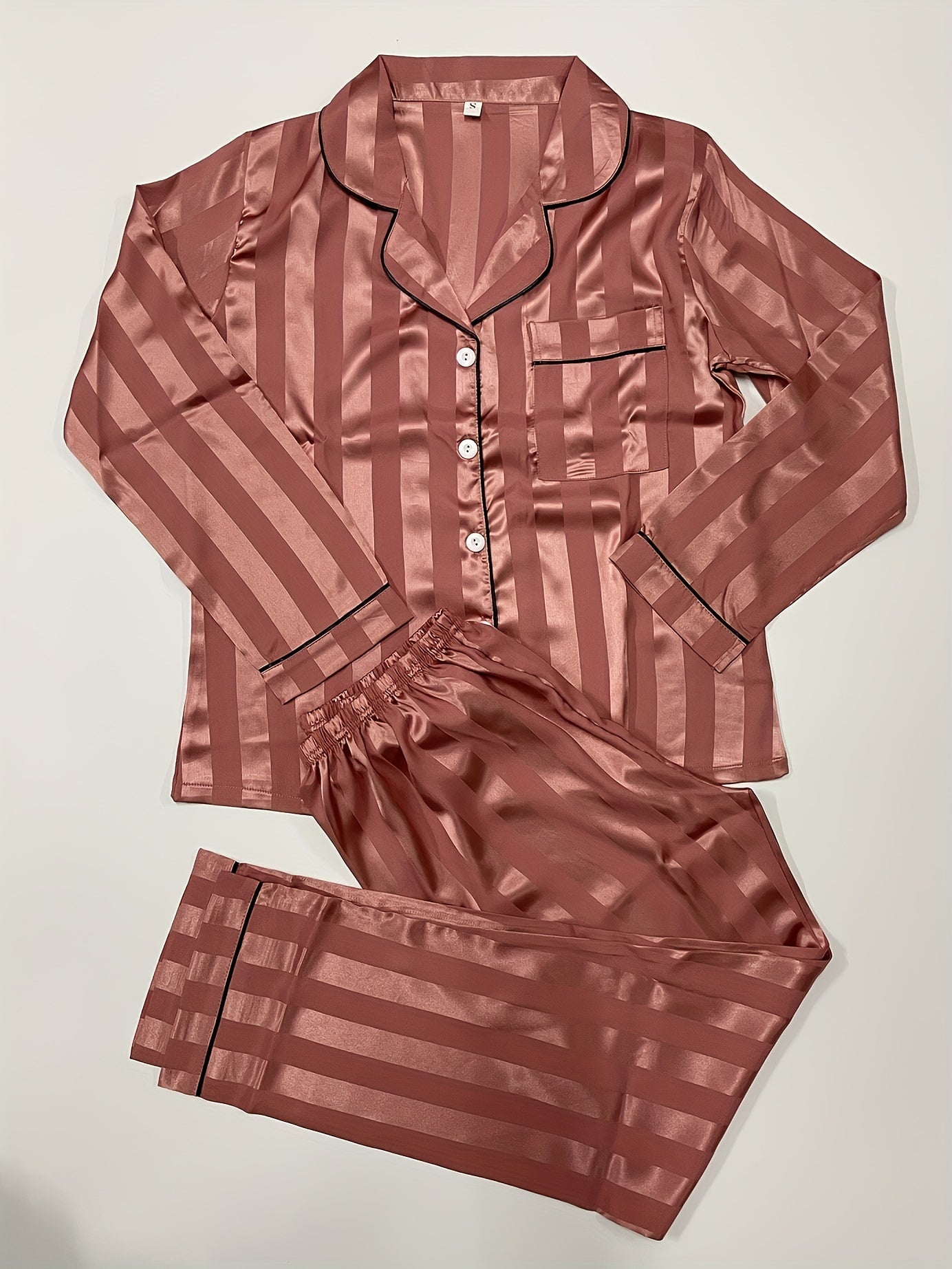 Striped Satin Pajama Set Long Sleeve Buttons Top & Elastic Waistband Pants
