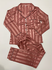 Striped Satin Pajama Set Long Sleeve Buttons Top & Elastic Waistband Pants