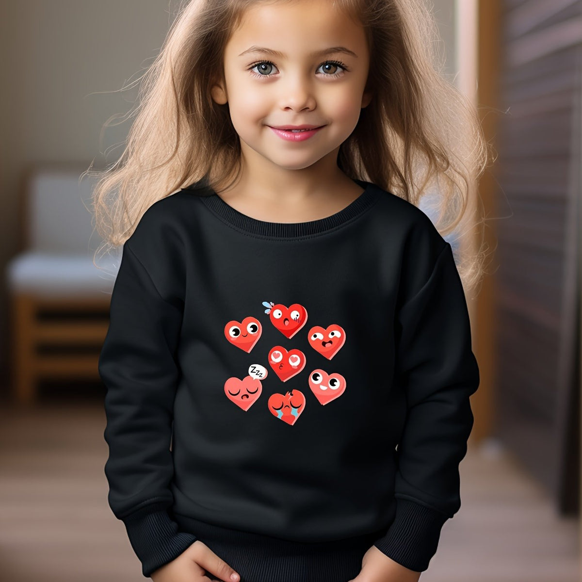Hearts Print Girls Casual Pullover Sweatshirt Long Sleeve Crew Neck Tops