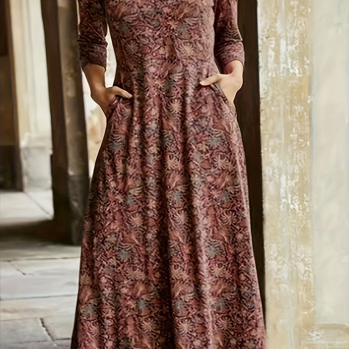  Allover Print Long Sleeve V Neck Maxi Dress With Pockets
