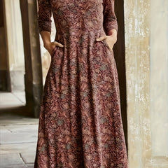  Allover Print Long Sleeve V Neck Maxi Dress With Pockets