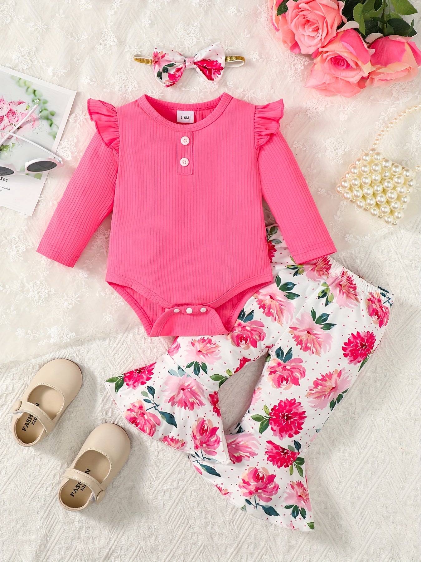 Toddler Girls Flying Sleeve Romper Floral Flared Trousers Set