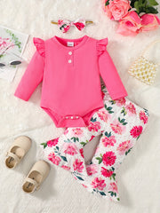 Toddler Girls Flying Sleeve Romper Floral Flared Trousers Set