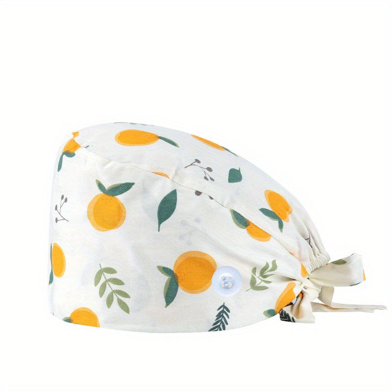 Cartoon Print Cotton Nurse Scrub Cap with Elastic and Button