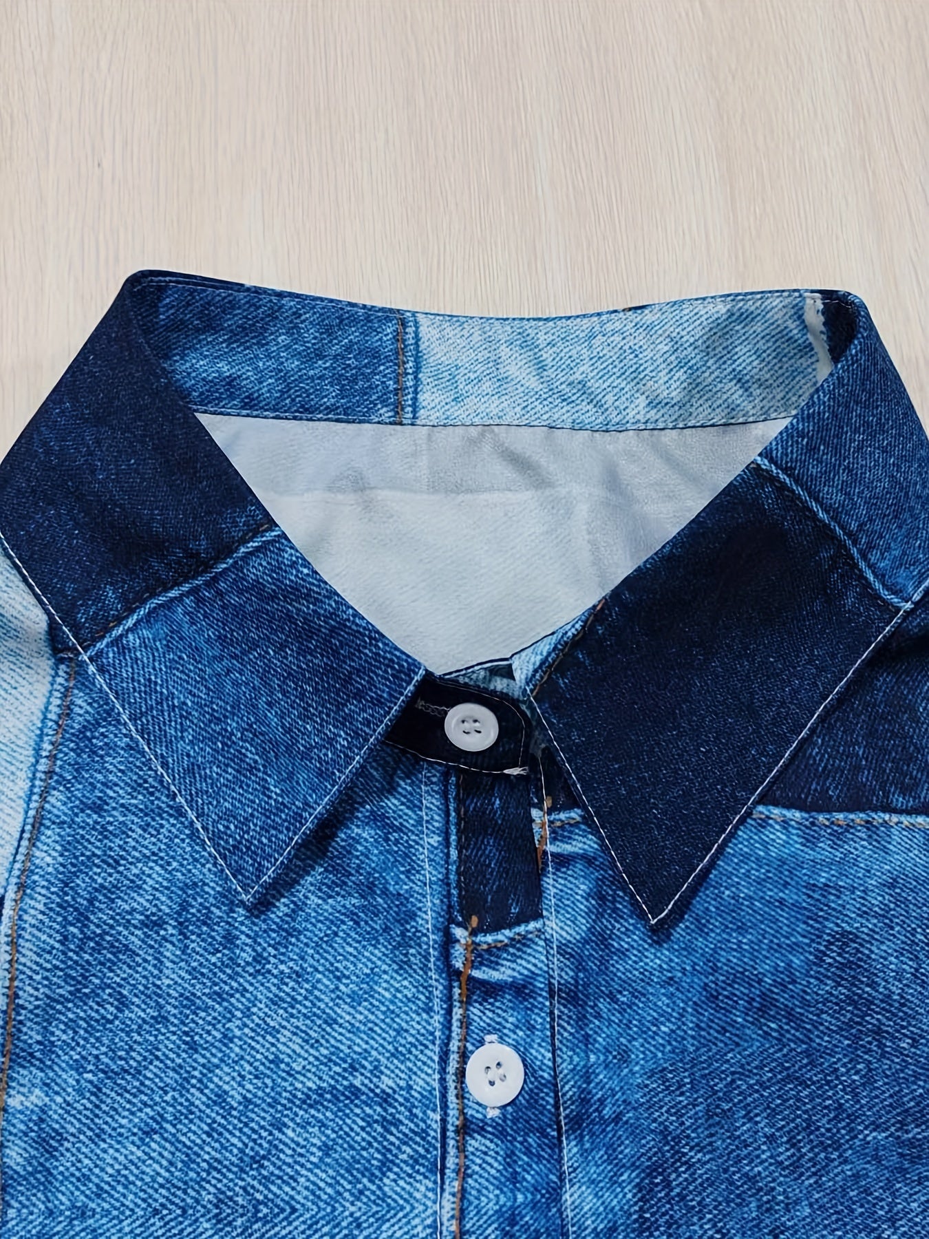  Colorblock Denim Print Button-Up Shirt