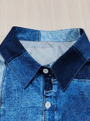  Colorblock Denim Print Button-Up Shirt