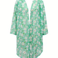 Long Sleeves Floral Print Loose Fit V Neck Cover Up Shirt