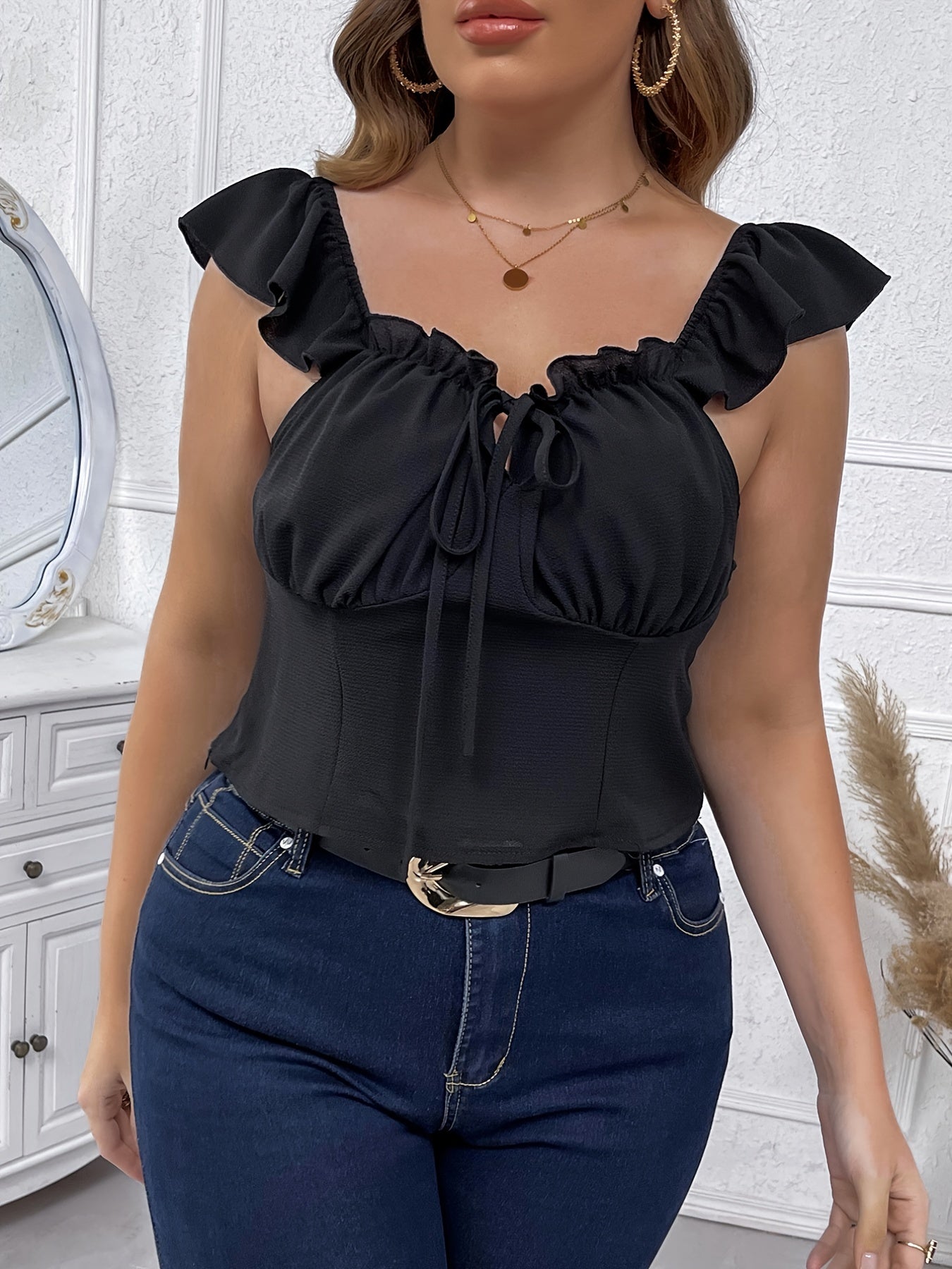  Ruffle Trim Crop Blouse Solid Casual Cami