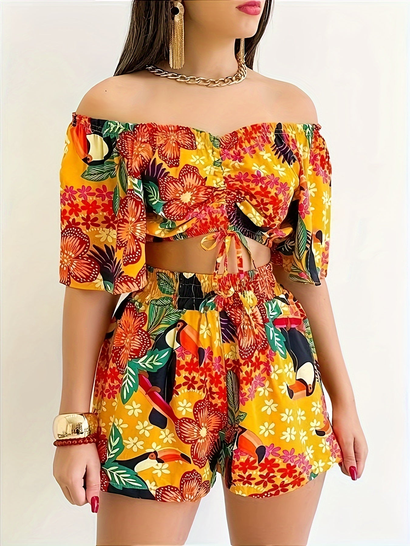  Boho Floral Off Shoulder Crop Top & Shorts Set