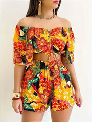  Boho Floral Off Shoulder Crop Top & Shorts Set
