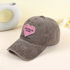 Paris Embroidery Baseball Cap Gray Heart Patch Distressed Dad Hat