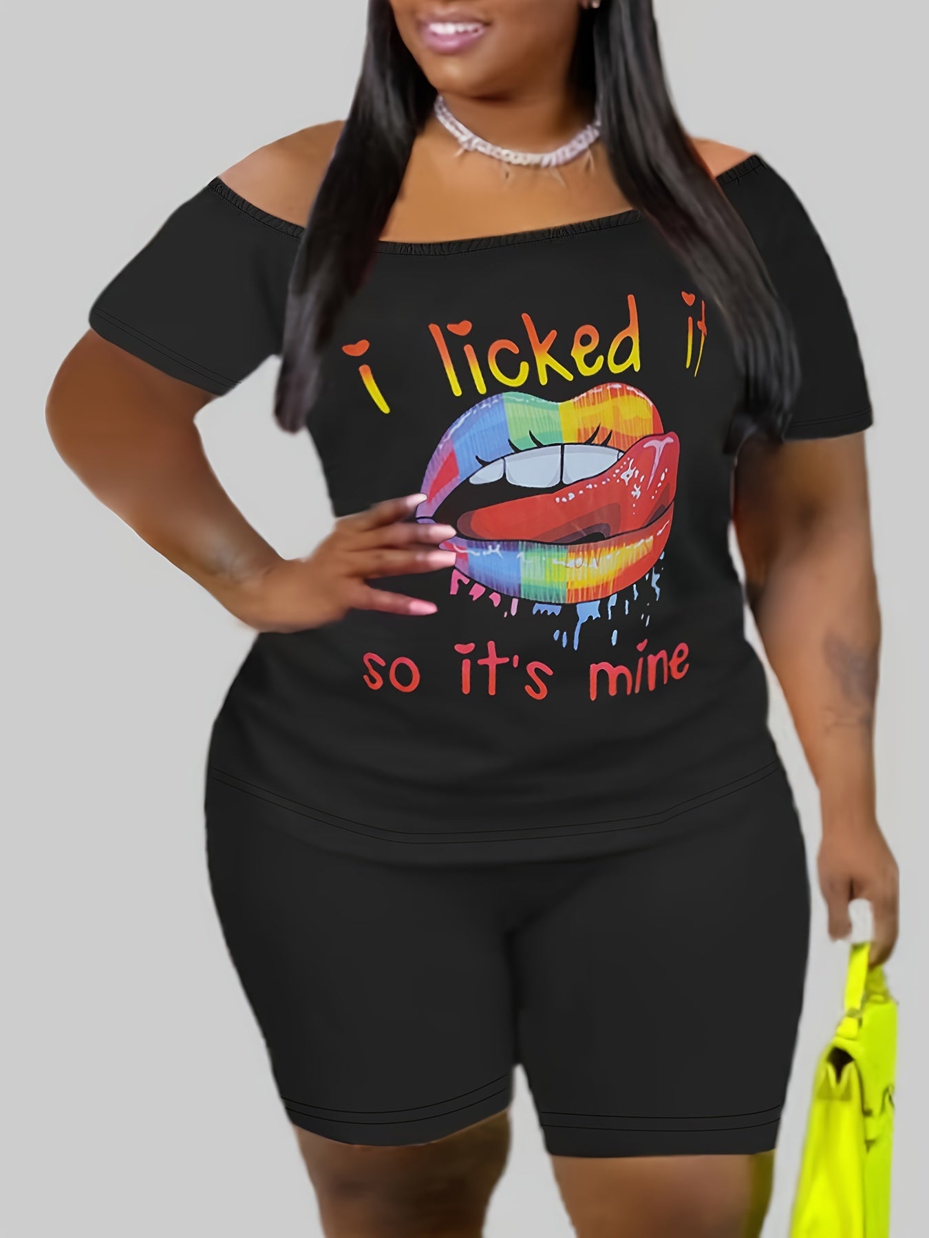 Plus Lip & Slogan Print Off Shoulder Tee & Shorts Set