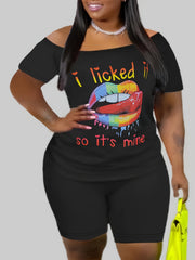 Plus Lip & Slogan Print Off Shoulder Tee & Shorts Set