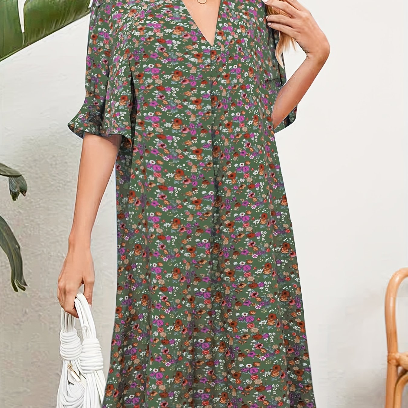  Floral Print Ruffle Trim Summer Dress