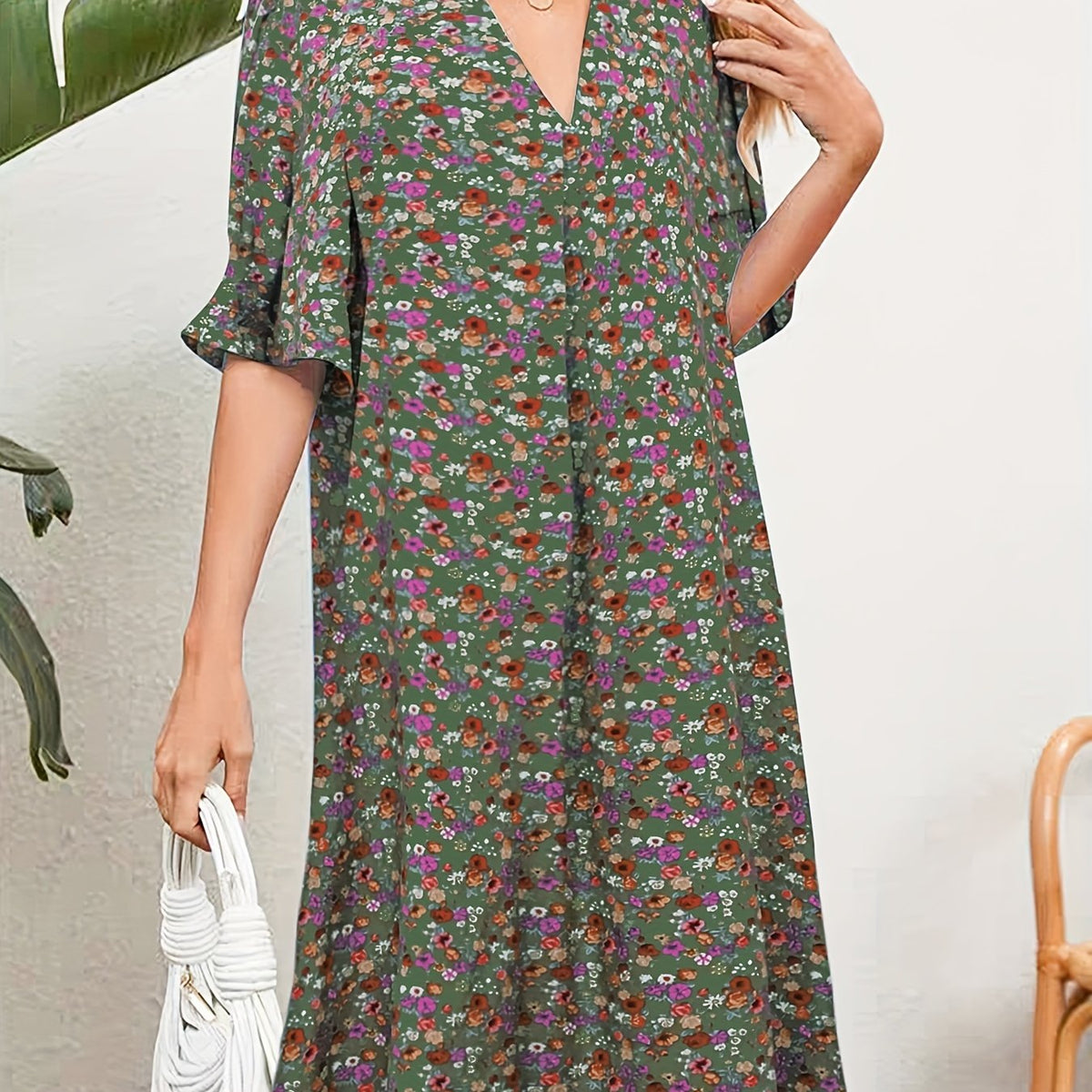 Floral Print Ruffle Trim Summer Dress