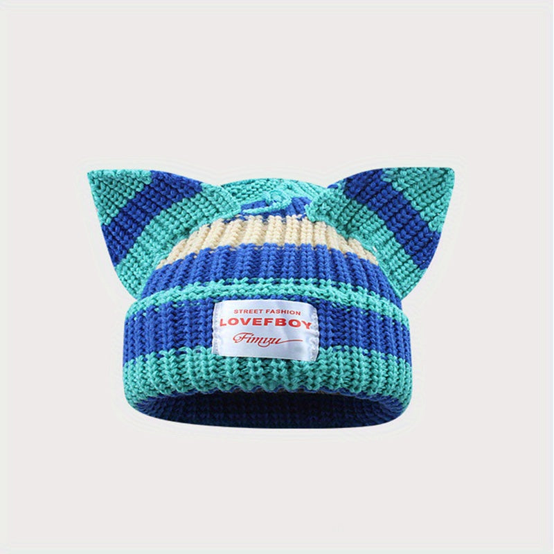Y2K Block Knitted Beanie Pig Ears Warm Skull Cap Unisex Hip Hop