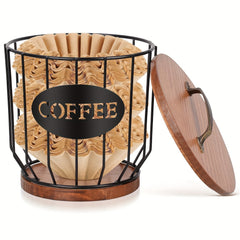 Rustic Coffee Filter Holder With Lid - Coffee Filter Storage Container Basket
