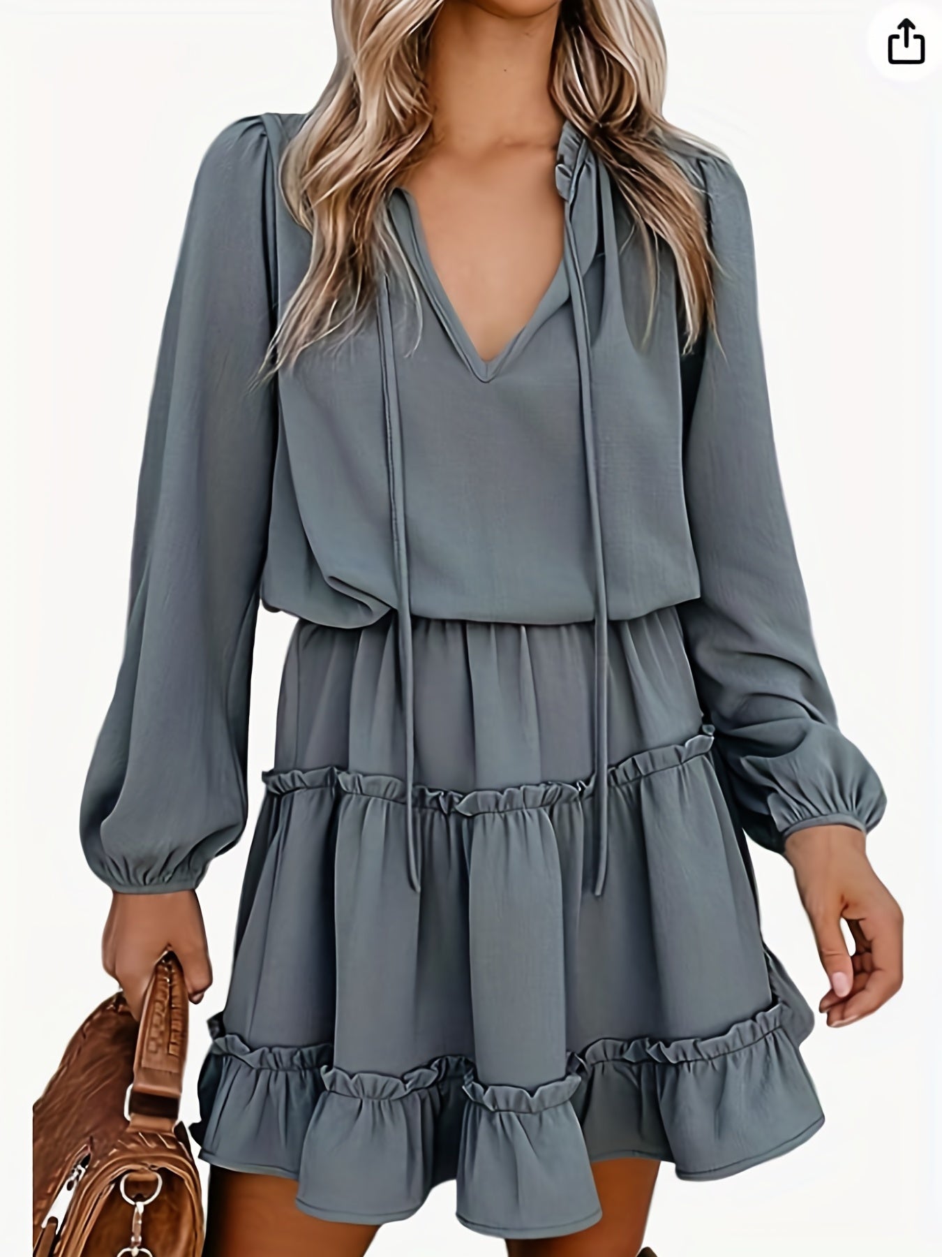  Solid Lantern Sleeve Mini Dress