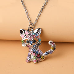 Colorful Rhinestone Cat Jewelry Set - Pendant Necklace & Earrings & Ring
