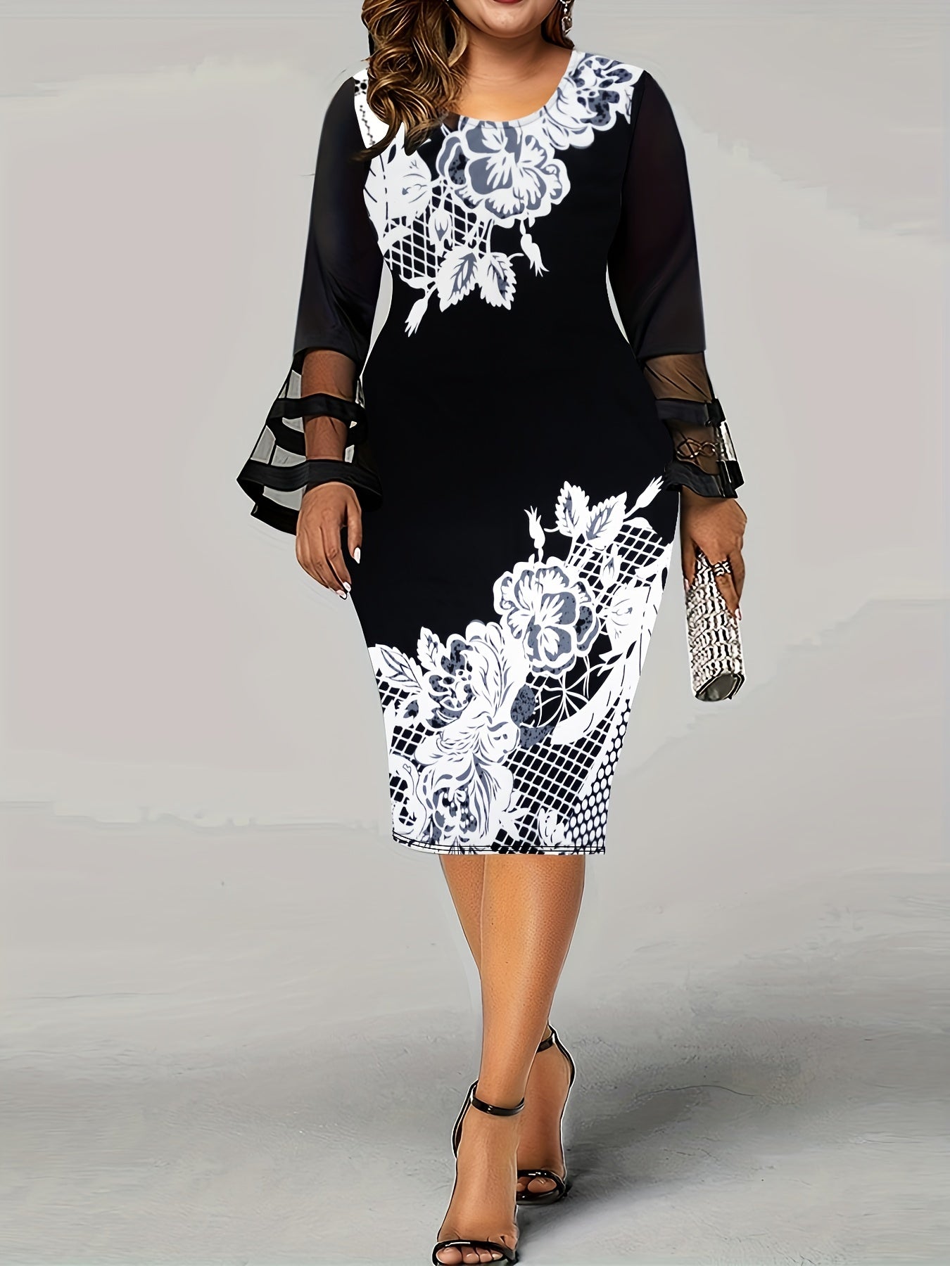  Women's Floral Bell Sleeve Bodycon Midi Dress
