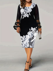  Women's Floral Bell Sleeve Bodycon Midi Dress