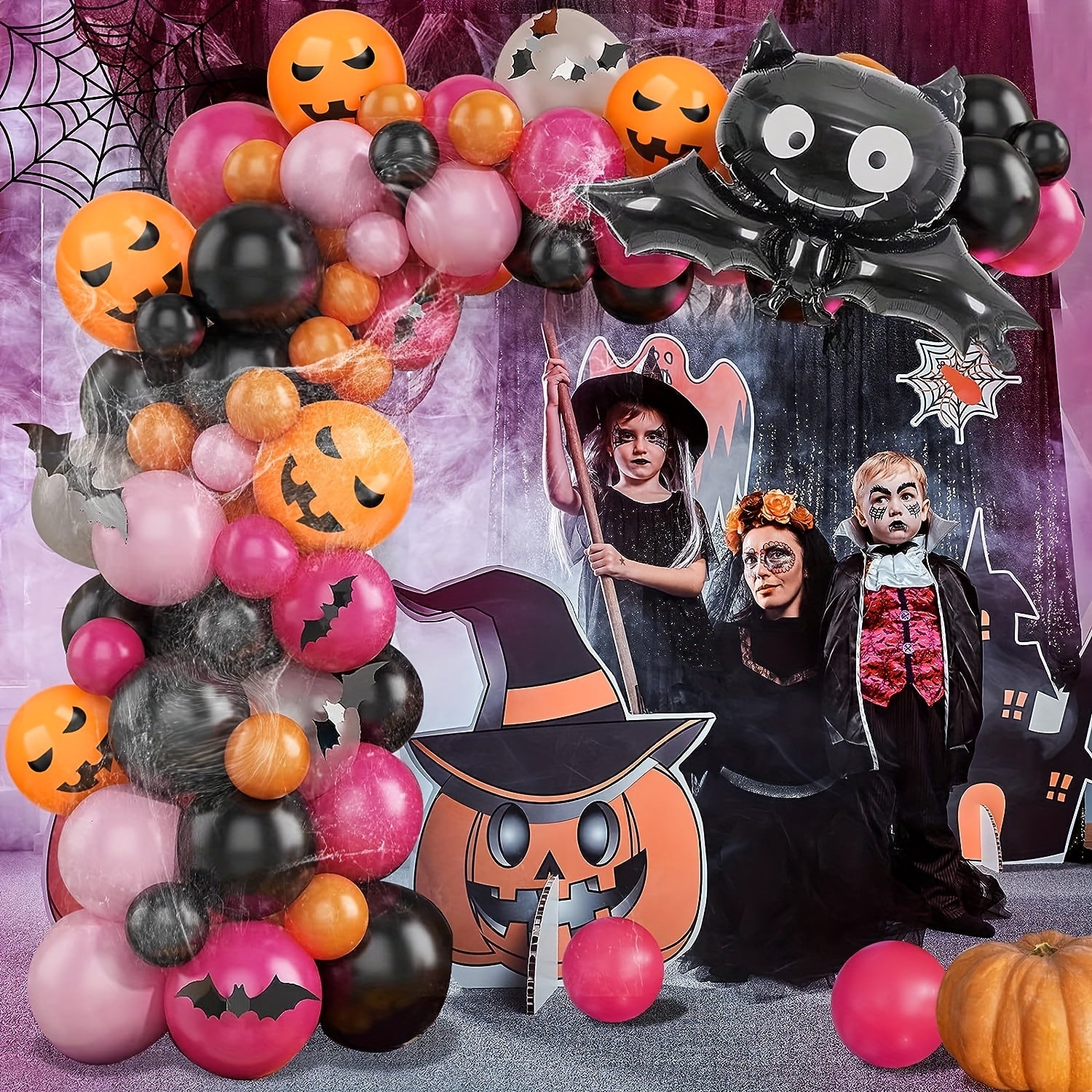 115pcs Halloween Balloon Garland Kit Orange Latex Pumpkin Spider Web Bats
