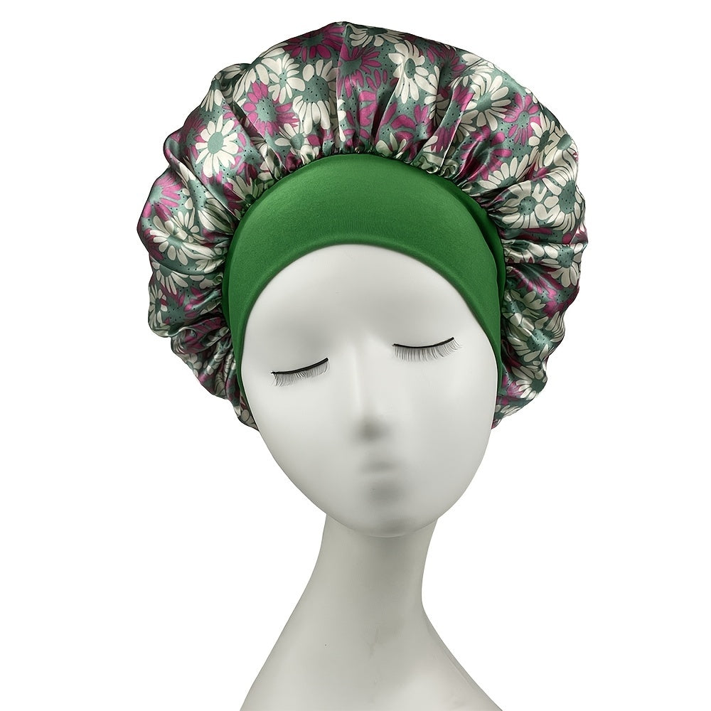 Milk Silk Wide Brim Bonnet Daisy Printed Satin Ladies Hair Cap