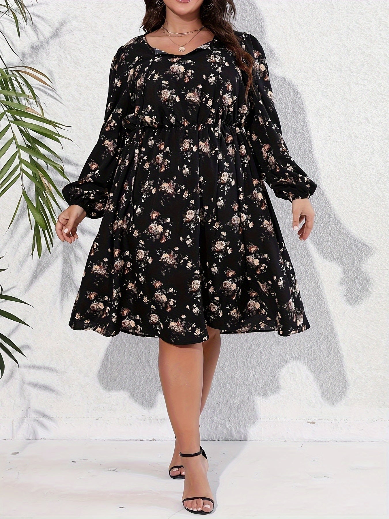  Boho Ditsy Floral Tie Front Lantern Sleeve Dress