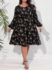  Boho Ditsy Floral Tie Front Lantern Sleeve Dress