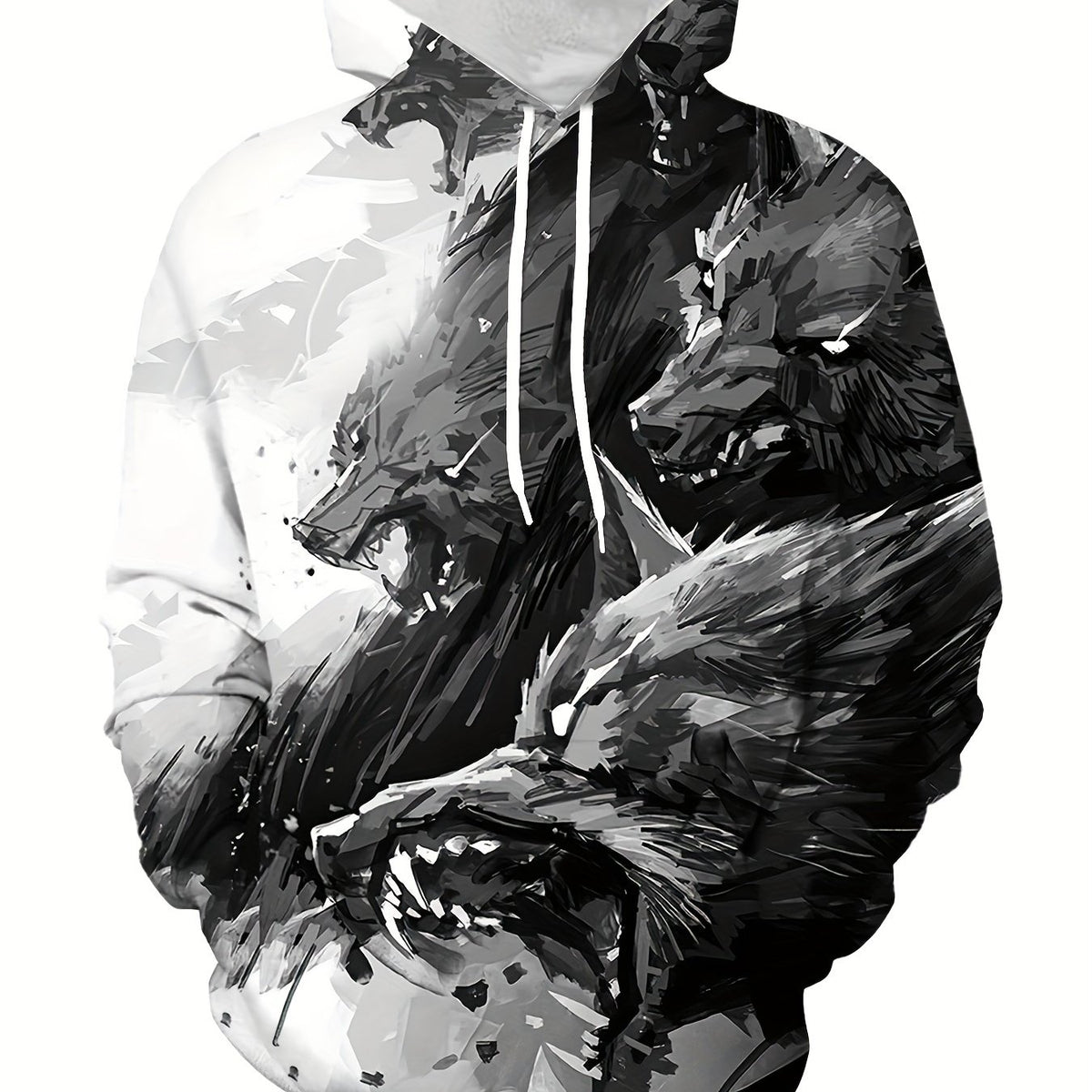 Wolf Print Hoodies Men Graphic Hoodie Kangaroo Pocket Pullover Autumn Winter